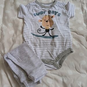Striped Surfing Monkey Onesie & Gray Sweatpants - Size 0-3 Months